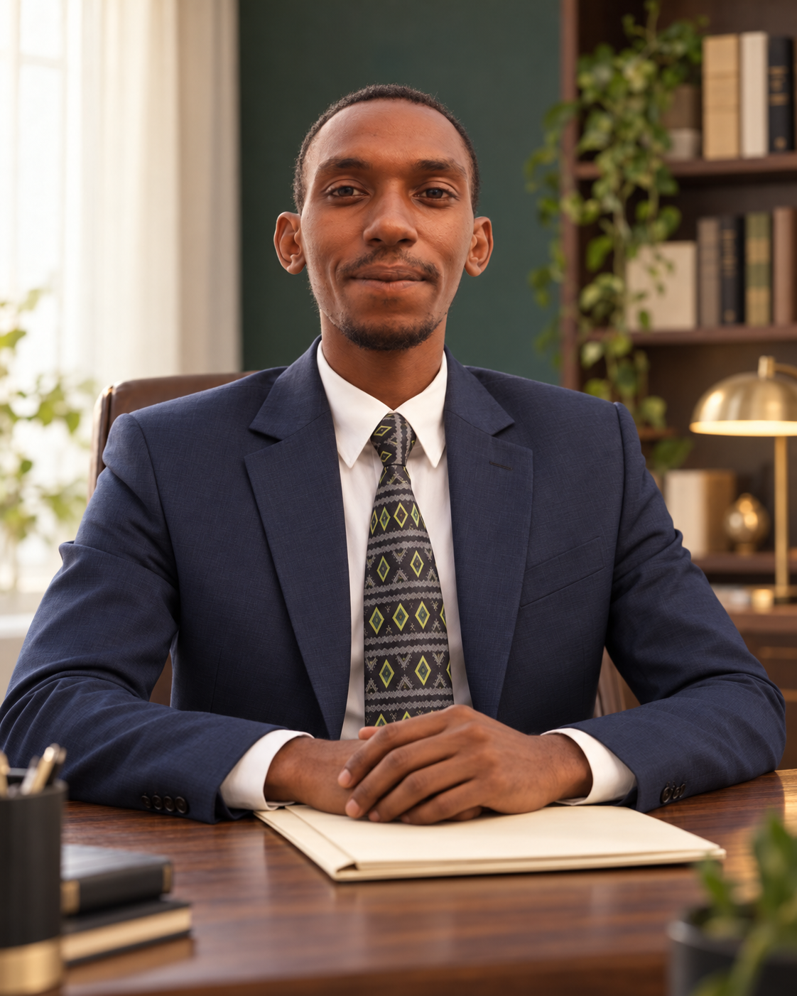 Portrait of Counsel Musinguzi Eriot seated at a desk in an illustrative office setting